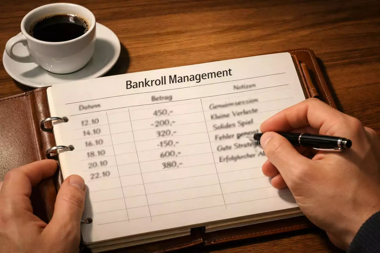 Person dokumentiert Wetten in einem Notizbuch mit Stift