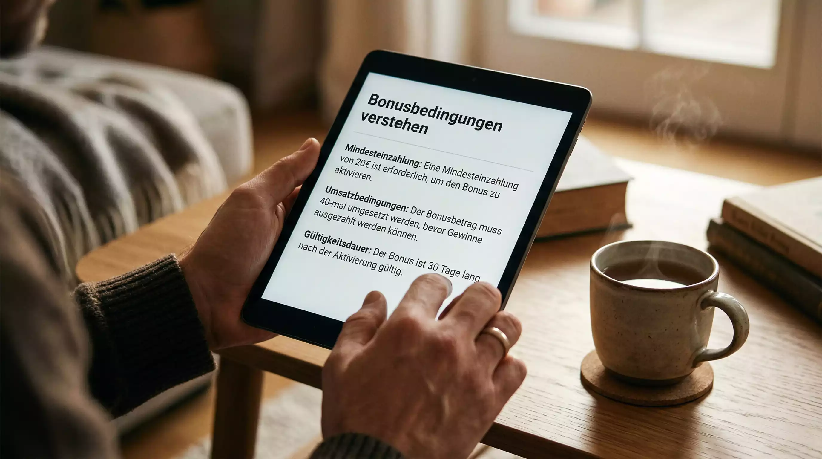 Person liest aufmerksam Geschaeftsbedingungen auf einem Tablet