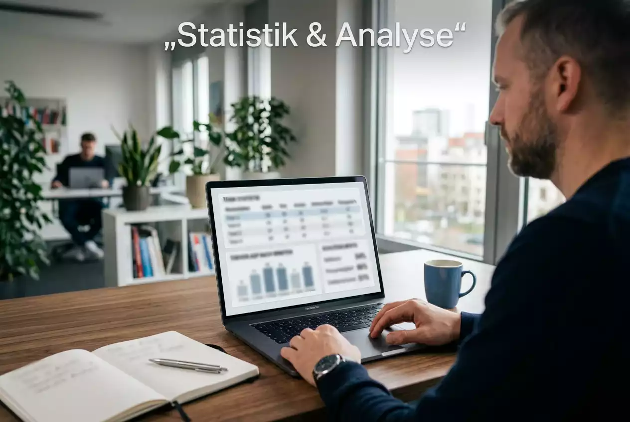 Analyst studiert Fussballstatistiken und Spielerdaten auf einem Laptop