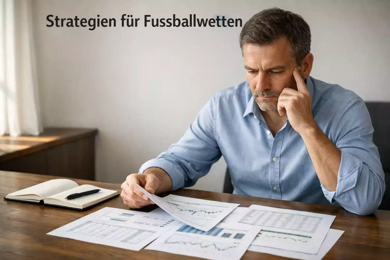 Fokussierter Sportanalyst bei der Arbeit mit Notizbuch und Statistiken