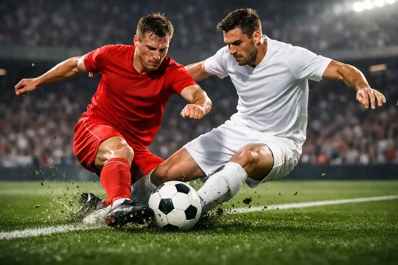 Fussballspieler im Zweikampf auf grünem Rasen während eines Spiels