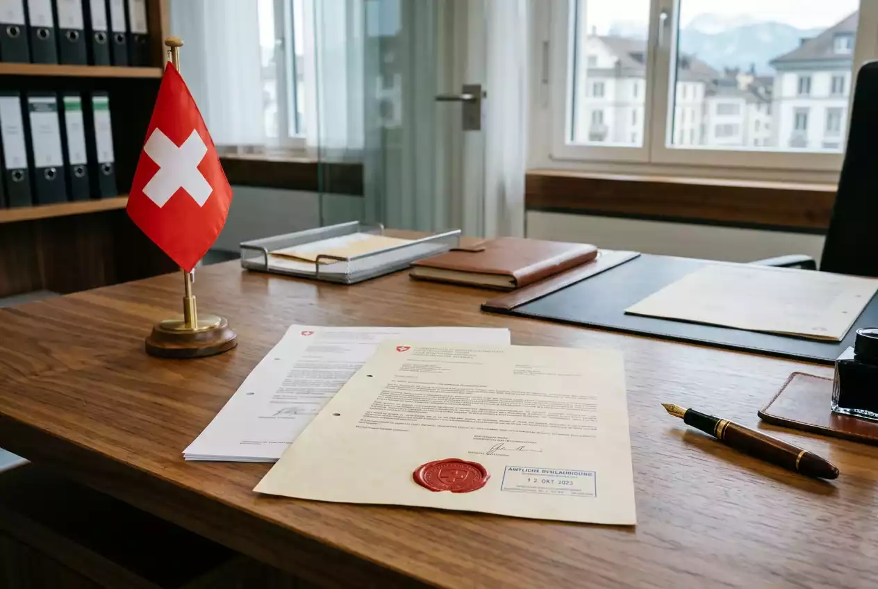 Schweizer Flagge mit offiziellen Dokumenten und Stempel auf einem Schreibtisch