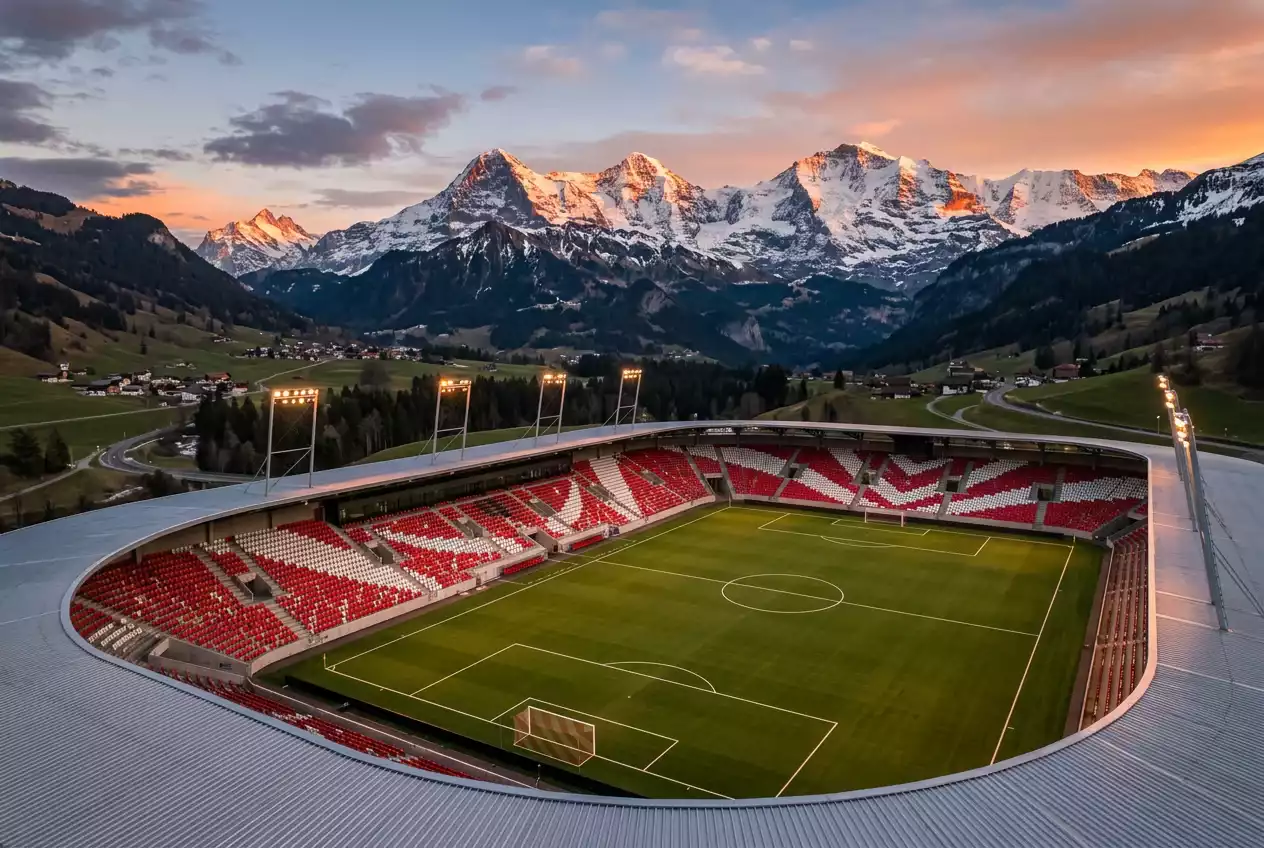 Fussballstadion in der Schweiz mit Alpenblick bei Abendbeleuchtung