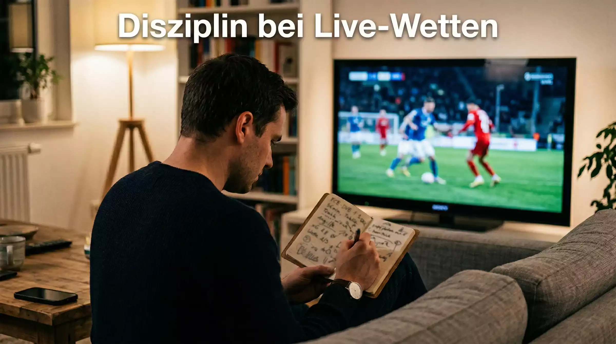 Person macht sich Notizen waehrend sie ein Fussballspiel auf dem Fernseher verfolgt