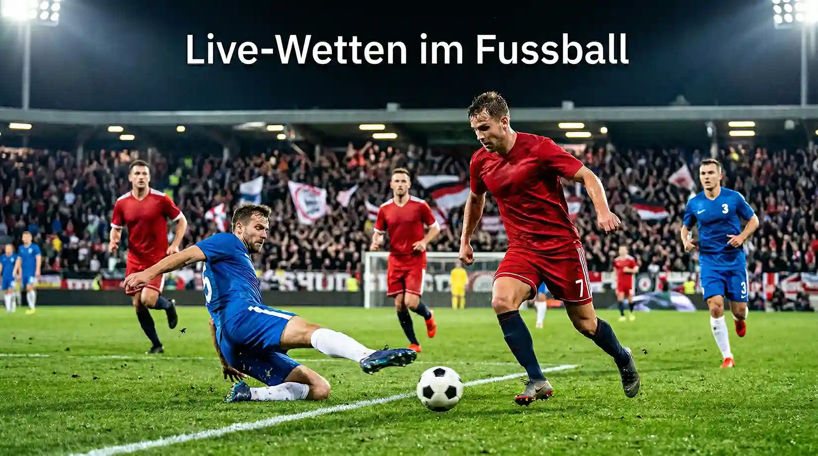 Spannendes Fussballspiel im Stadion bei Flutlicht mit laufender Aktion