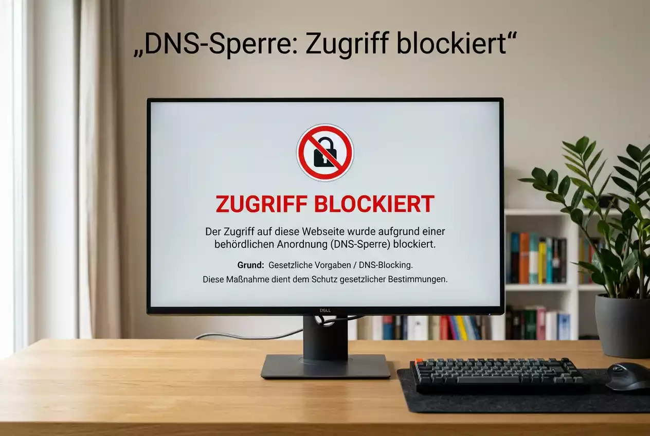 Computerbildschirm mit Hinweis auf blockierte Webseite und Sperrhinweis
