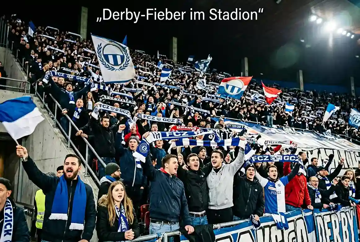Begeisterte Fans mit Schals und Fahnen bei einem Schweizer Fussball-Derby im Stadion
