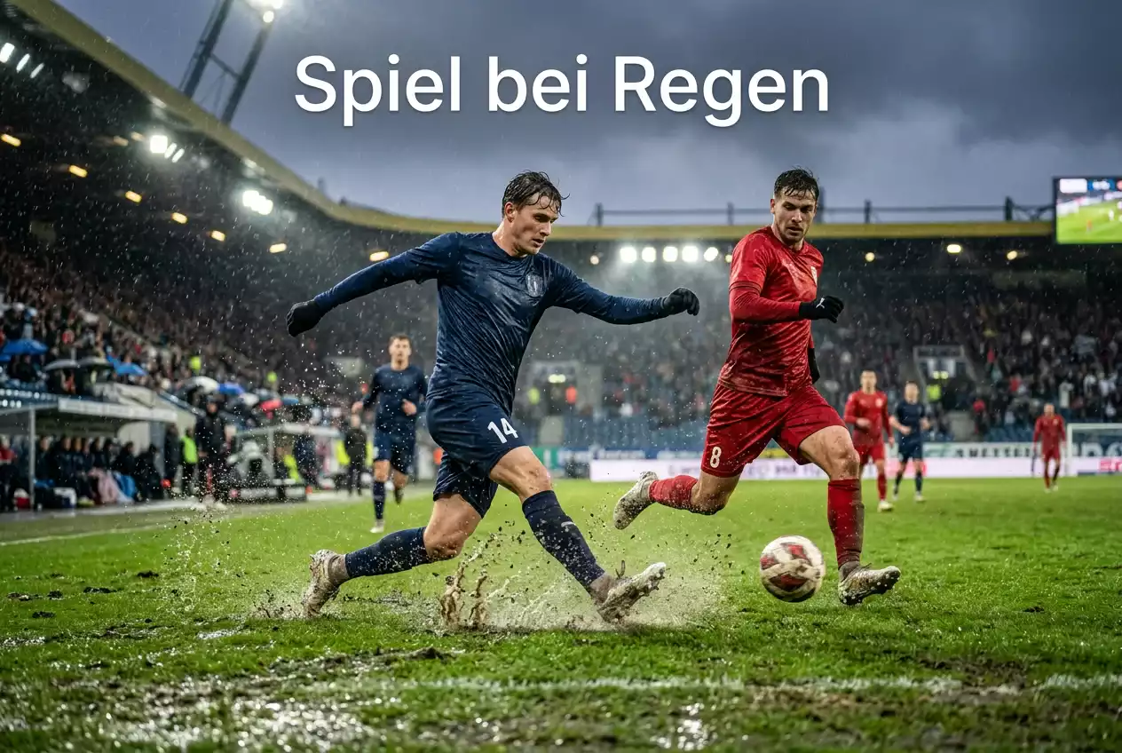 Schweizer Fussballspieler bei einem Ligaspiel auf nassem Rasen bei Regenwetter