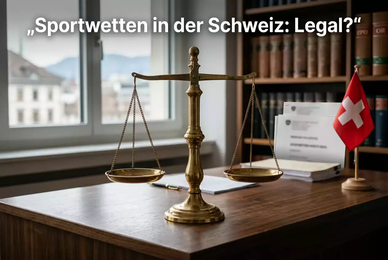 Schweizer Waage der Gerechtigkeit mit Gesetzesdokumenten und Schweizer Flagge im Hintergrund