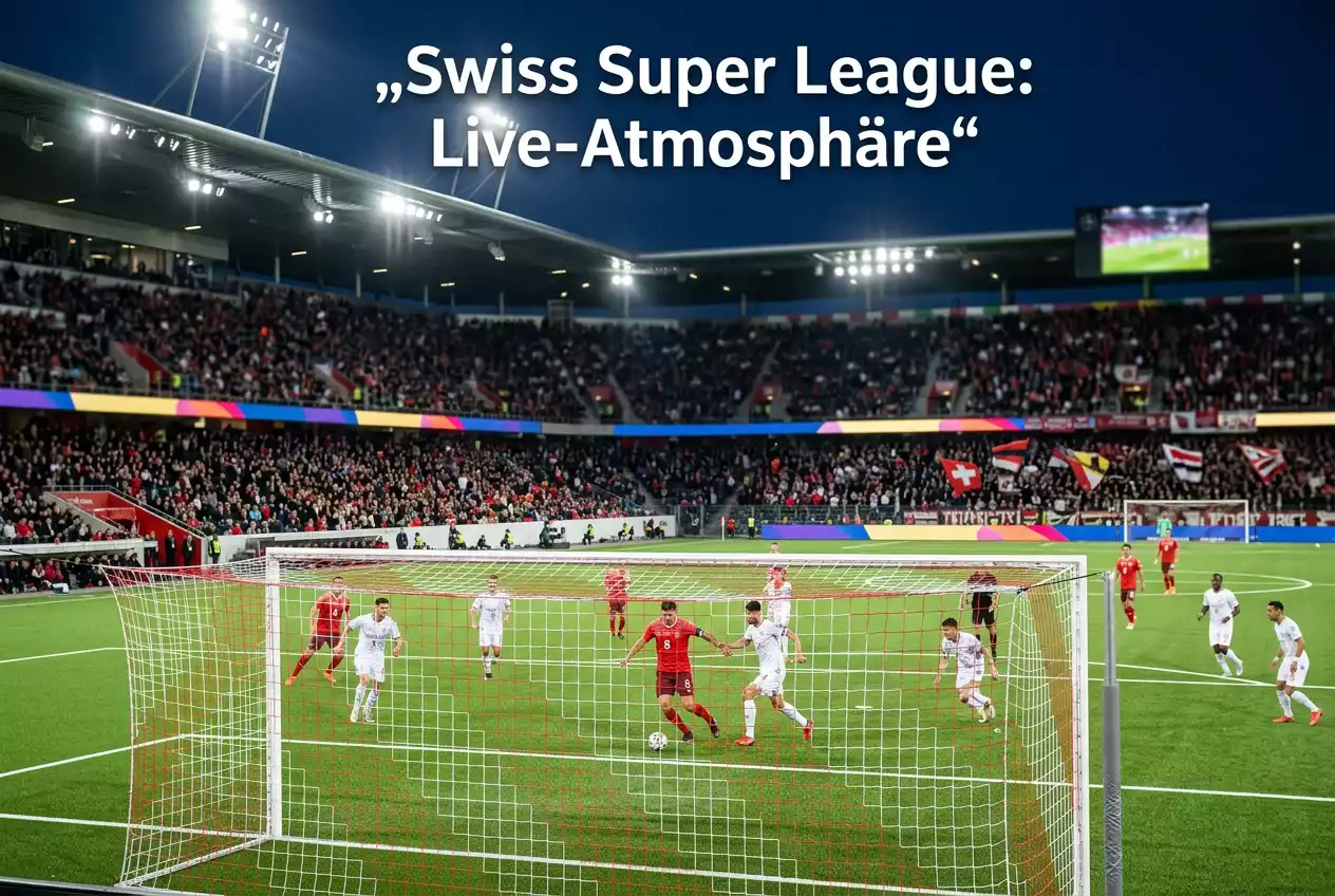 Schweizer Fussballstadion bei Flutlicht mit begeisterten Fans auf den Raengen