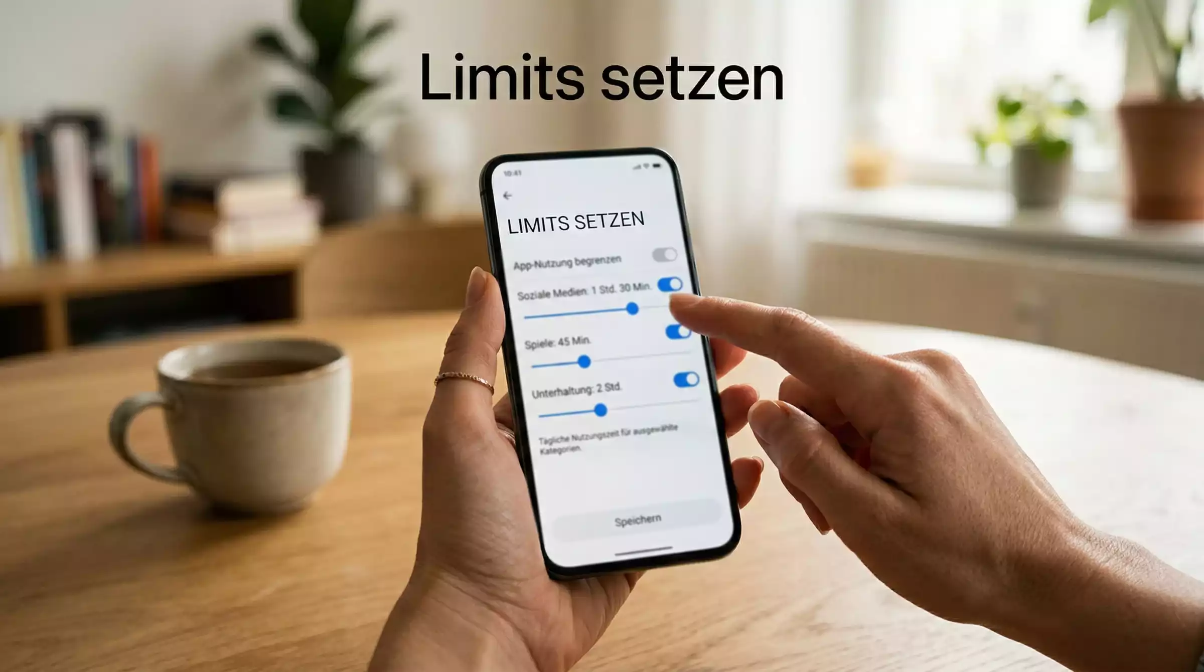 Person stellt Einstellungen fuer Spiellimits auf einem Smartphone ein