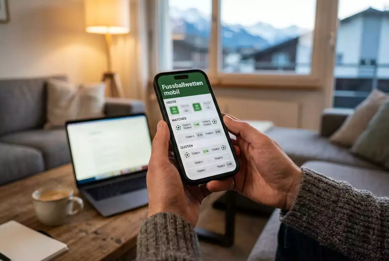 Person nutzt Smartphone für Sportwetten mit Laptop im Hintergrund
